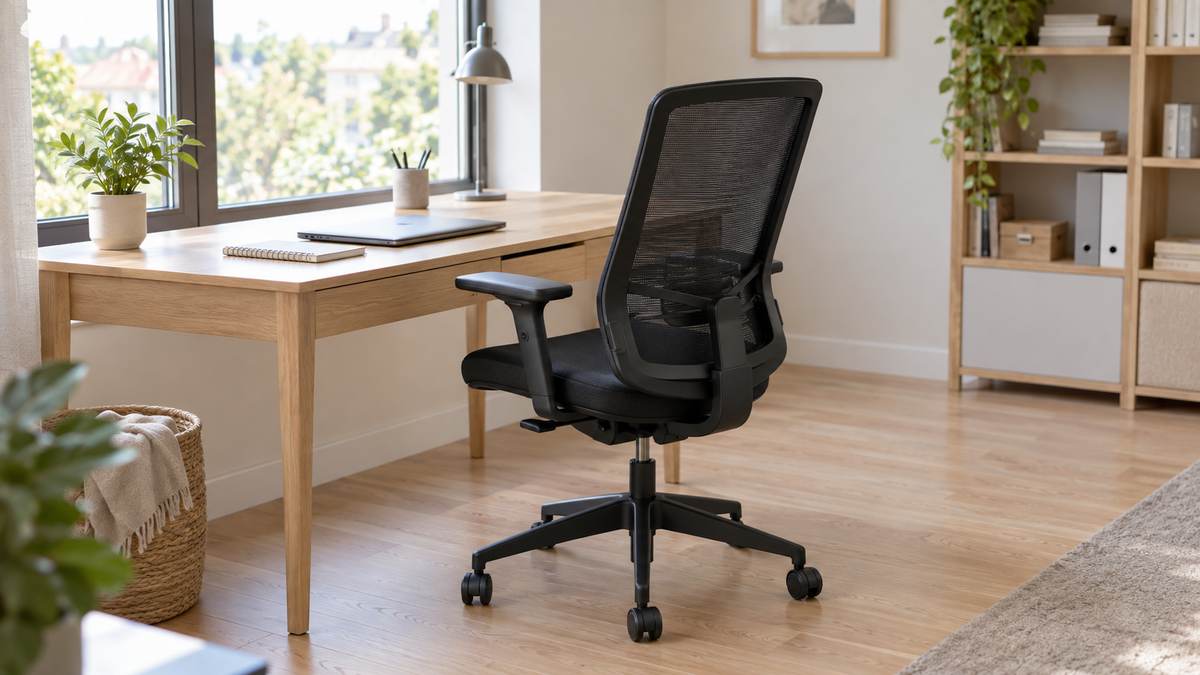 Chaise de bureau ergonomique à dossier en maille devant un bureau en bois près d'une fenêtre