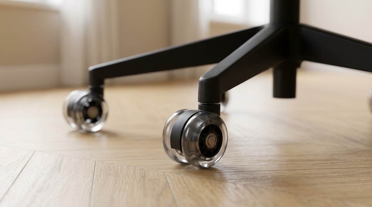 Gros plan sur les roulettes souples transparentes d'une chaise de bureau posée sur un parquet clair