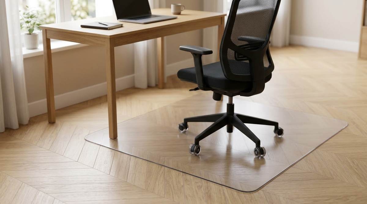 Tapis de protection transparent posé sur un parquet sous une chaise de bureau noire